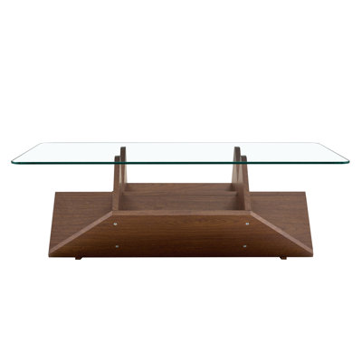Table basse multi-rangements en verre trempé et panneau de fibres à densité moyenne, table basse au fini noyer avec compartiments spacieux pour les essentiels du quotidien, table basse de bureau de salon moderne