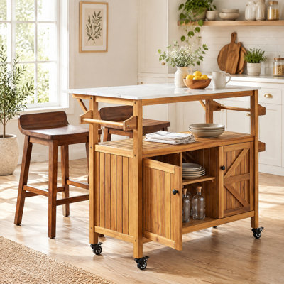 Îlot de cuisine extérieur, station de préparation en bois de sapin avec plateau en acier inoxydable, armoire de rangement, tiroir, tablettes ouvertes, porte-serviettes et roues verrouillables
