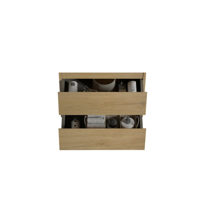 Natural Oak Bathroom Vanity Cabinet - Wall Mount, Two Drawers, Minimalist Mount Pre-Assembled With Spacious Sleek Look