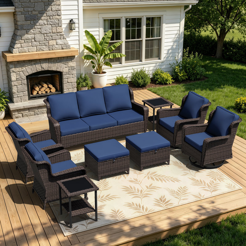 9-Person Outdoor Patio Conversation Rattan Seating Group Swivel Chairs With Blue Cushions, Blue