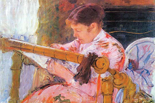 «Lydia at the Cord Frame» par Mary Cassatt, reproduction d'art, 24 po x 36 po