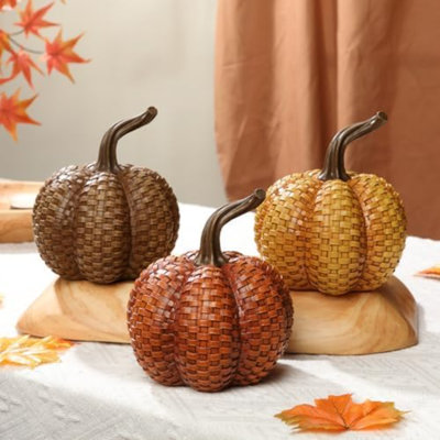 Automne citrouilles décor, 3 pièces de citrouilles en résine de rotin pour la décoration de figurines citrouilles décoratives pour la maison
