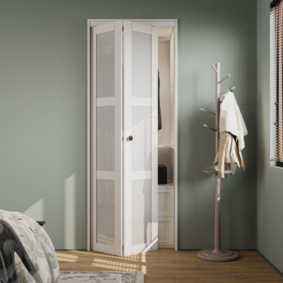 32in x 80in LuminaMatte™ 3-Lite Glass Door Solid Manufactured Wood Bi-Fold Door with Installation Hardware Kit
