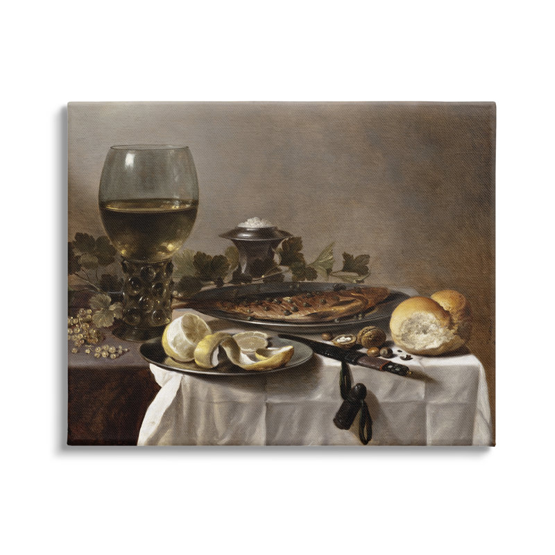 Nature morte au vin de hareng et au pain, peinture de Peter Claesz - Peinture sur toile, Toile tendue