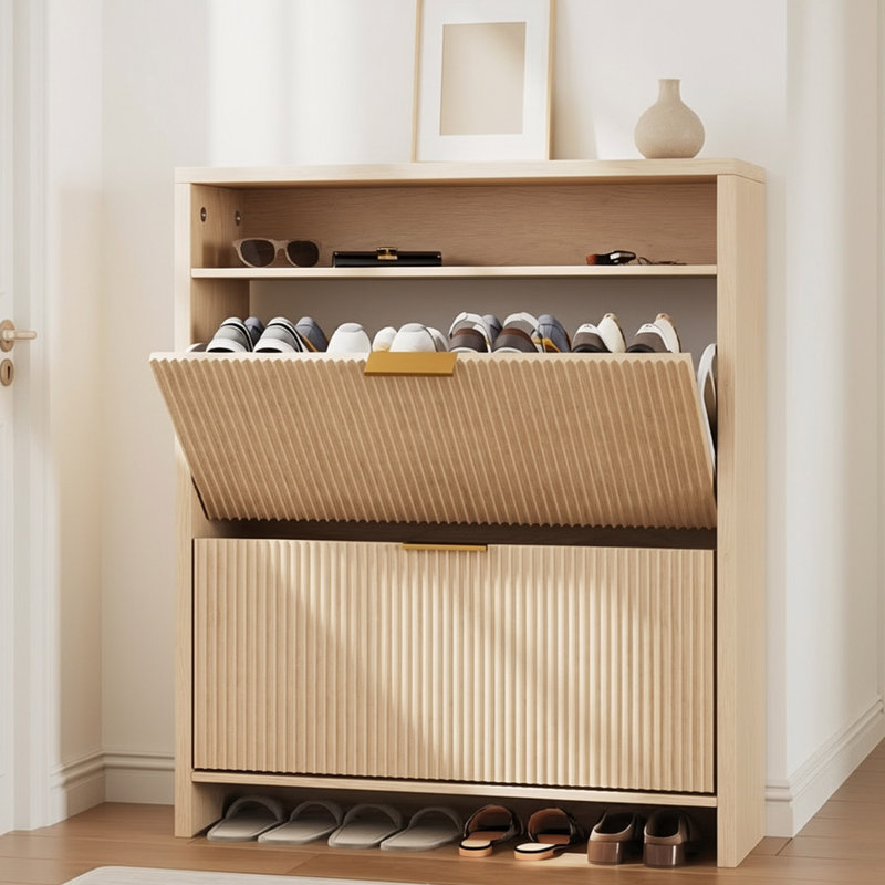 Avalie 31.5" Fluted Shoe Storage Cabinet, Narrow Entryway Storage Cabinet With Flip Drawers & Open Shelf