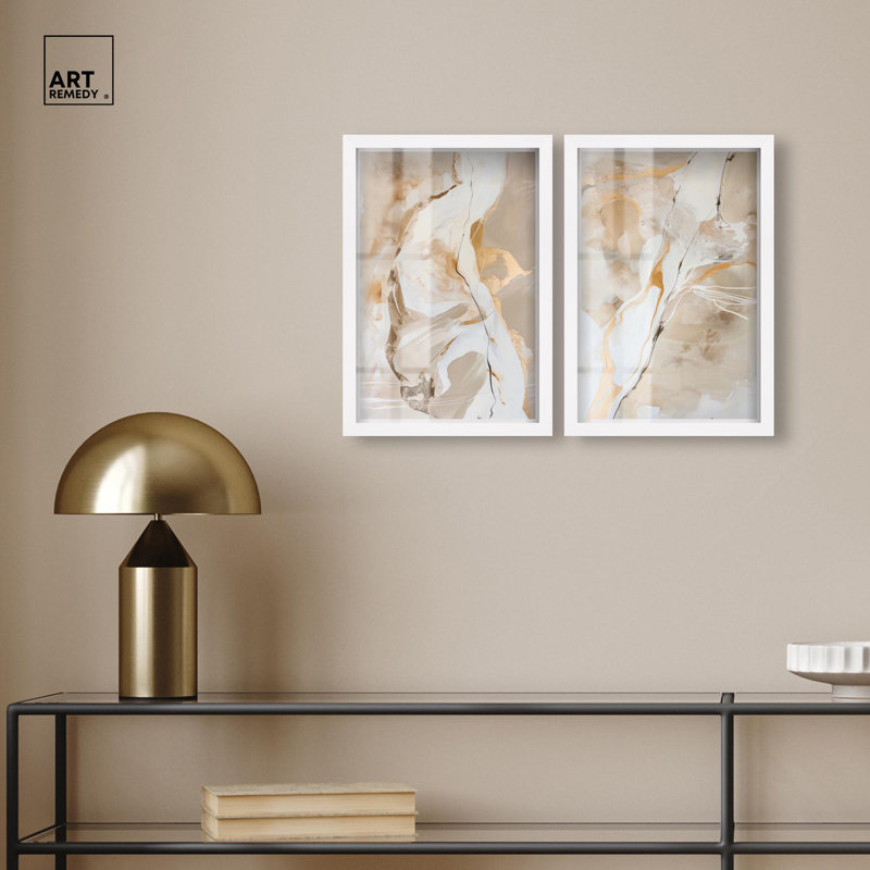 Ensemble de paires abstraites dorées, Shadowbox, art abstrait neutre par Art Remedy, H 16 po x l 11 po, Blanc