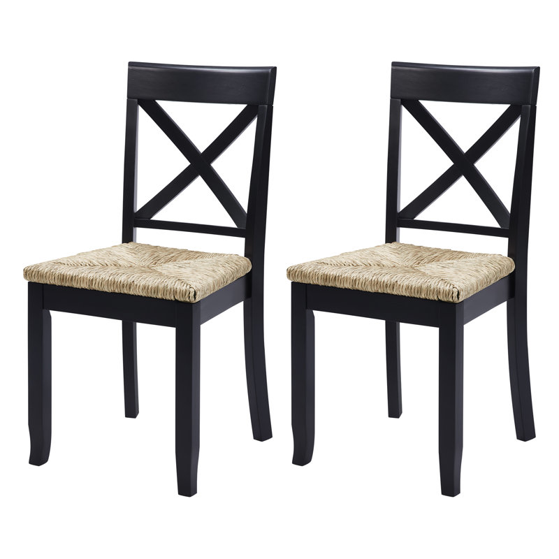 Solid Wood Farmhouse Style X-Back Dining Chair With Woven Seat, Black