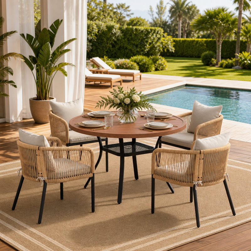 Ensemble repas d'extérieur pour 4 personnes Keppler, Bois brossé brun / beige / blanc