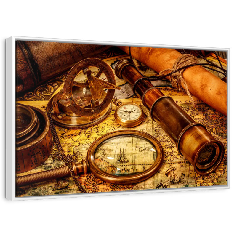 Old Nautical Navigation Tools, 37" X 25", Floating Frame White