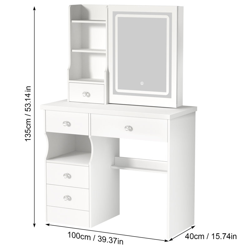 Vanity Desk with LED Lighted Mirror, Bedroom Dressing Table, Makeup Desk with Stool, 5 Drawers, Open Shelves, Hidden Storage Space