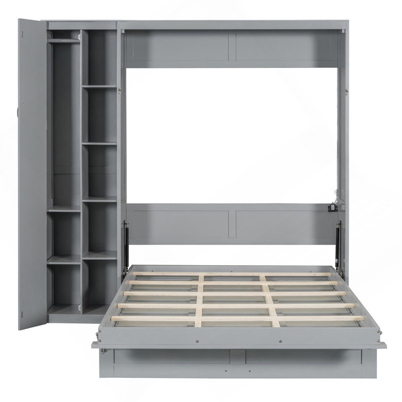 Lit escamotable double pleine grandeur avec tablettes, garde-robe et lumières DEL, gris, Lit double, Gris