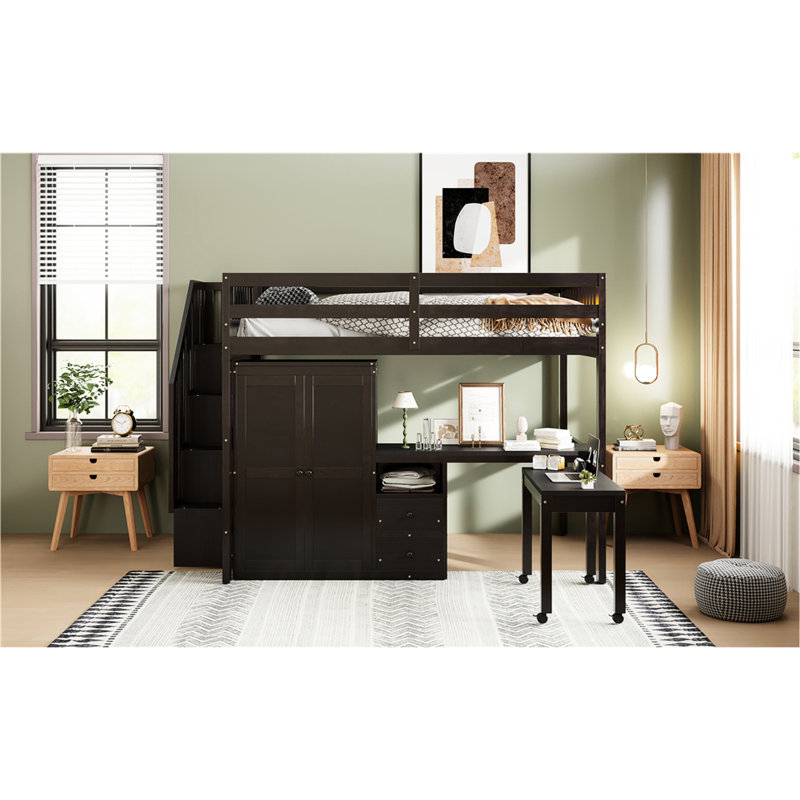 Lit mezzanine pleine grandeur pour les adolescents et les adolescents avec escaliers, bibliothèque, tiroirs, bureau et garde-robe - Luminaire de chambre à coucher optimisant l'espace