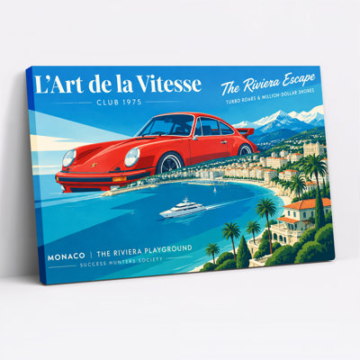 " Red Porsche Sports Car Over Monaco Coastal Bay And Yacht " Painting