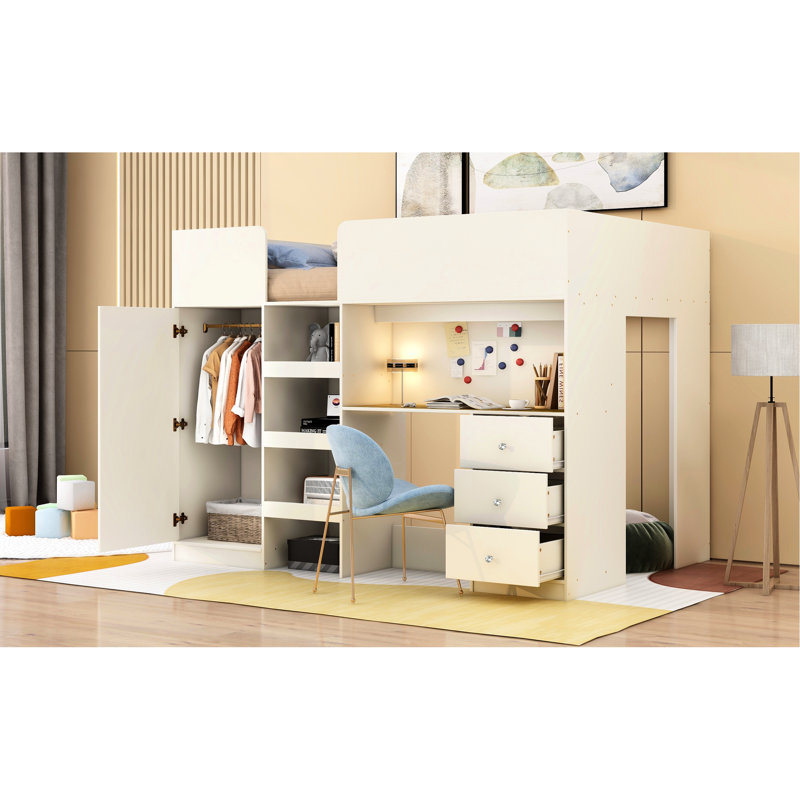 Lit mezzanine double en bois beige avec tiroirs et tablettes - Armoire de rangement intégrée de qualité supérieure