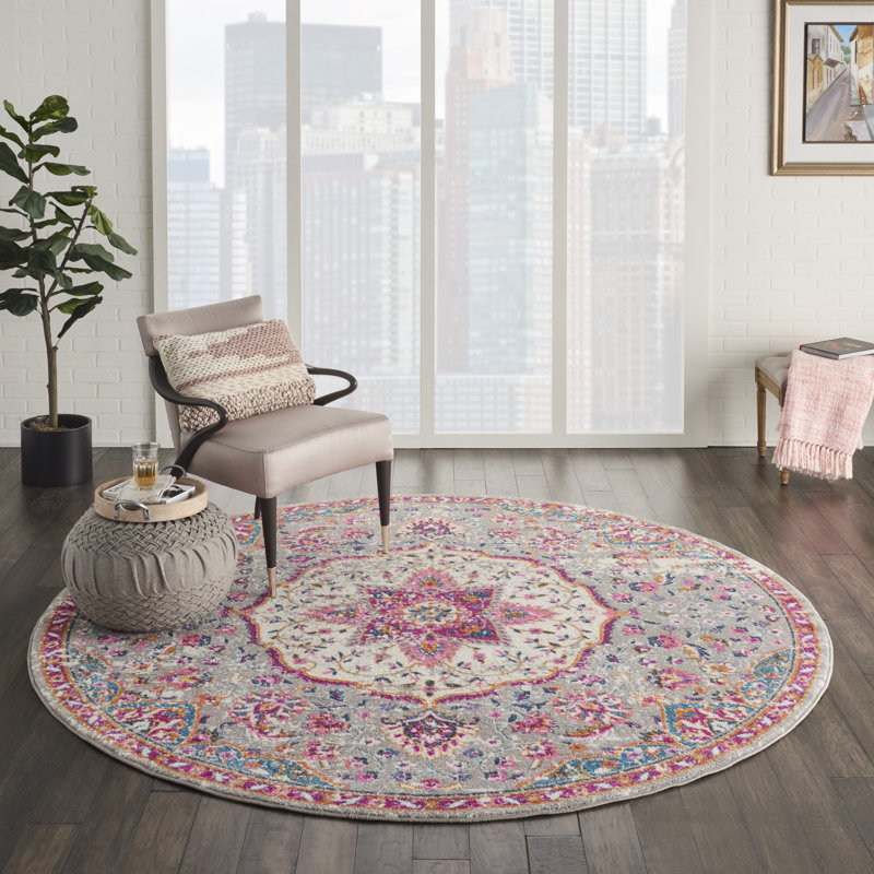 Tapis rose / bleu en polypropylène tissé à la machine, Rond 8 pi