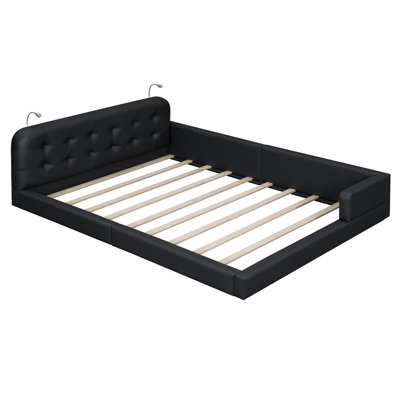 Grand lit plateforme tapissier avec 2 lampes de lecture, noir