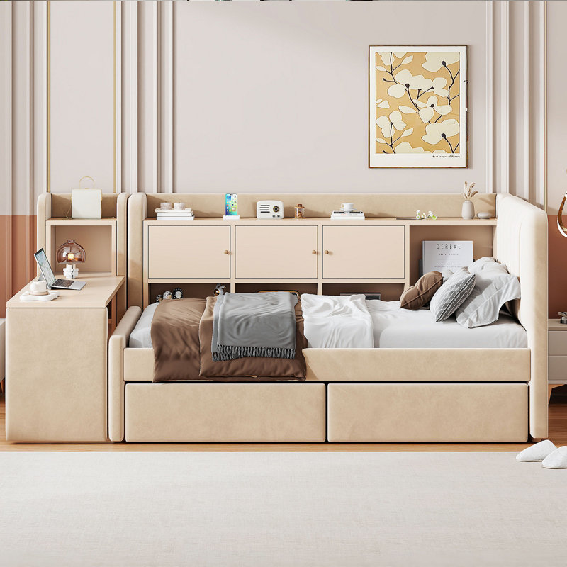 Lit de jour simple tapissier avec tiroirs, tablettes, armoires rabattables et table d'appoint, Beige