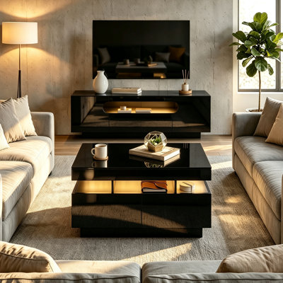 Modern Living Room Set, High-Gloss Floating LED TV Stand & Rectangular Coffee Table Combo