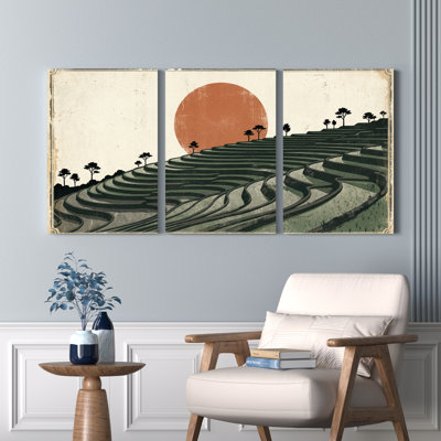 Ensemble de 3 toiles murales représentant un paysage de coucher de soleil sur des champs en terrasses