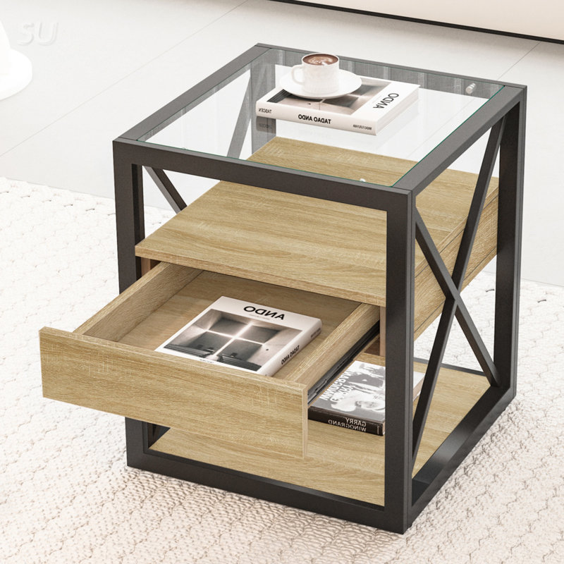 Table de bout avec plateau en verre trempé et tiroir, Naturel