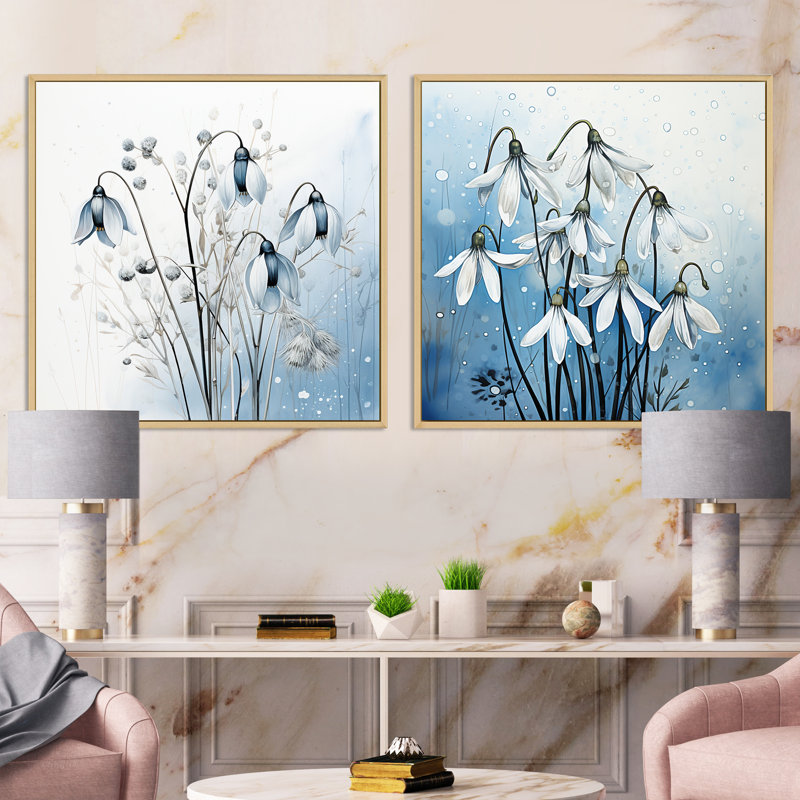 Minimalisme bleu et blanc Snowdrops Bloom - Snowdrops Square, ensemble de 2 collages, Encadrement brun, H 30 po x l 61 po
