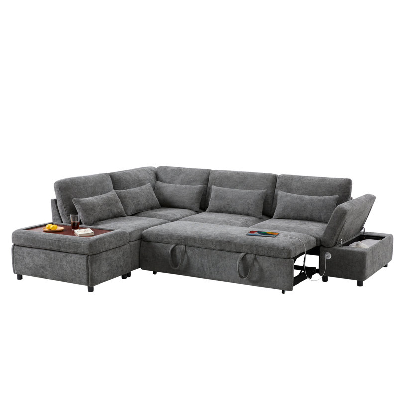Canapé-lit en L 107 po, lit double escamotable avec USB / type C et repose-pieds de rangement mobile, Gris chenille