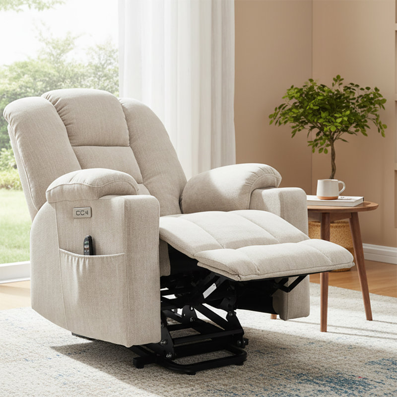 Power Chenille Upholstered Recliner Chair with Lift Base and Massage Heating Function, Beige