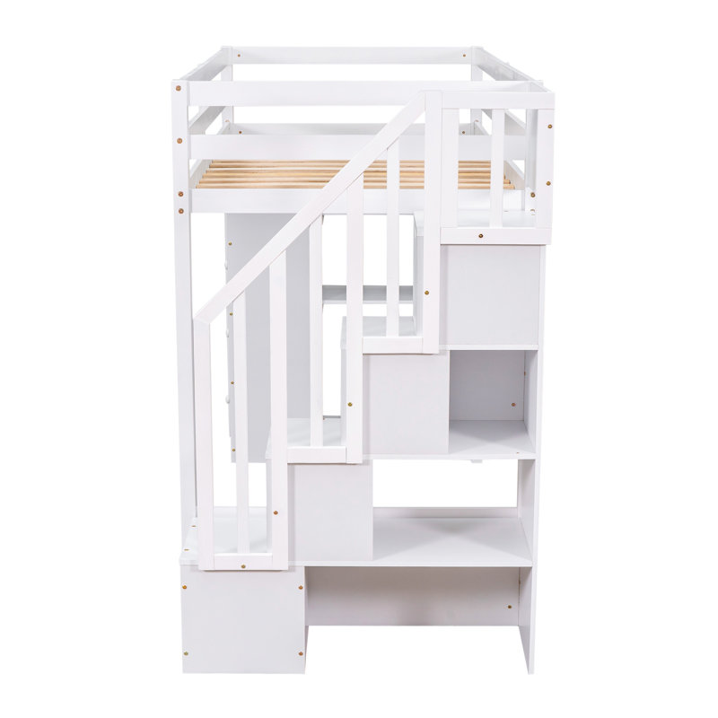 Lit mezzanine blanc simple avec escalier et tiroirs de rangement, structure de lit en bois massif avec tablettes pour chambre d'enfant