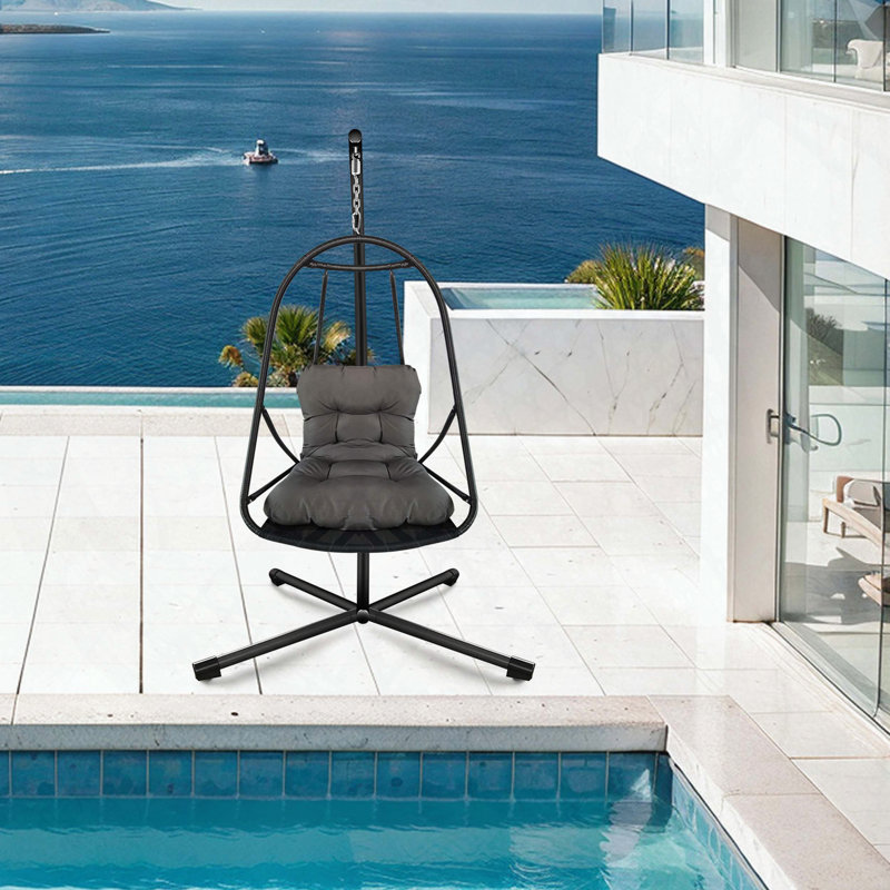 Fauteuil à œufs suspendu en osier avec support et coussin, Marron foncé, Noir
