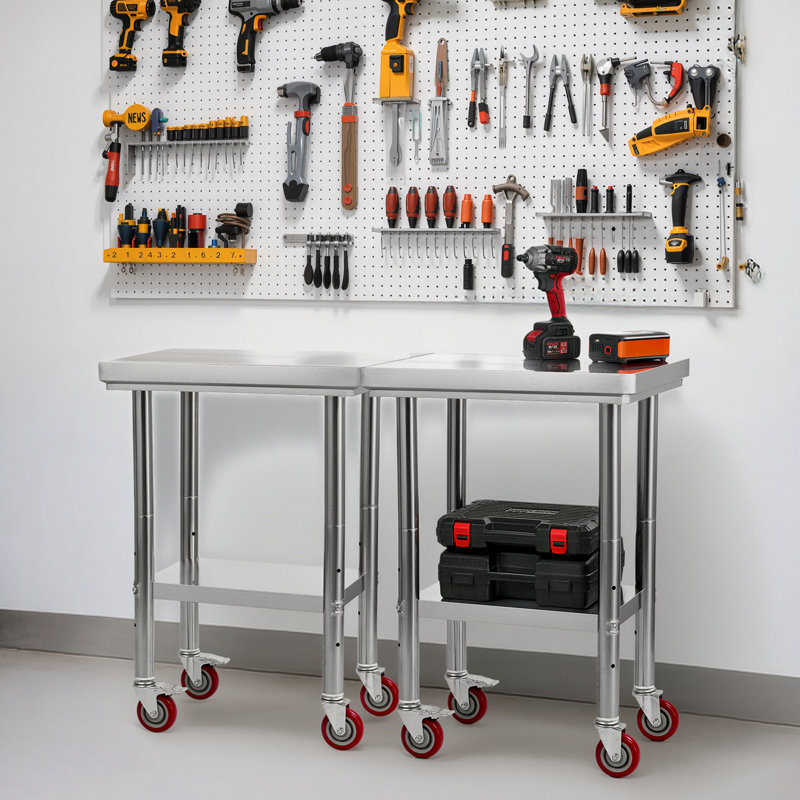 Table en acier inoxydable, table de préparation des aliments de 24 po x 18 po avec roulettes, table de préparation de cuisine avec postes de travail réglables sous la tablette pour cuisine commerciale, restaurant, hôtel et garage, extérieur