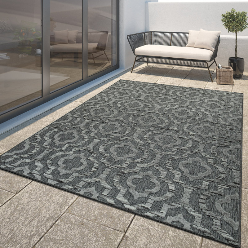 Tapis d'extérieur gris foncé avec motif d'ornement marocain moderne pour patio, Rectangle 5 pi 3 po x 7 pi 7 po