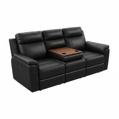 Black Semi PU & PVC 3-Seat Recliner Sofa With Flip-Down Console & Cup Holders