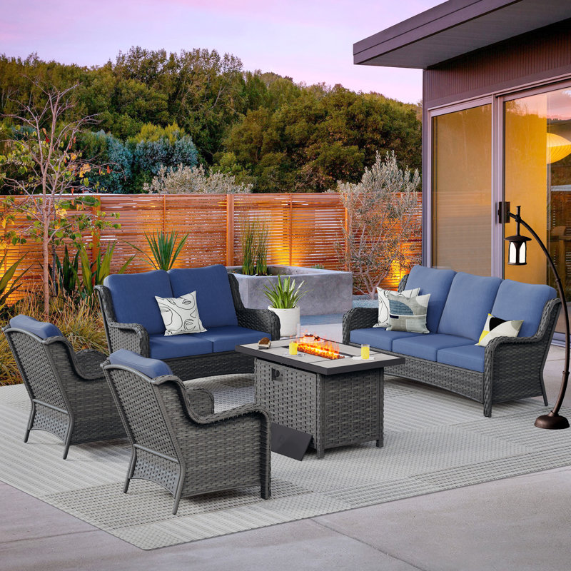 8 - Person Patio Conversation Set with Cushions, Denim Blue, Gray