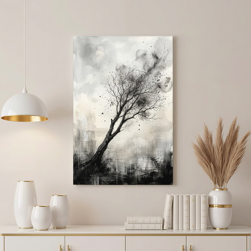Art mural sur toile noir et blanc avec éclaboussures d'encre abstraites, H 18 po x l 12 po