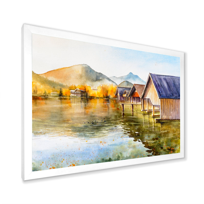 Yacht Dock on Misty Morning by the Lake - reproduction d'art sur toile, H 8 po x l 12 po x P 1 po, Cadre blanc