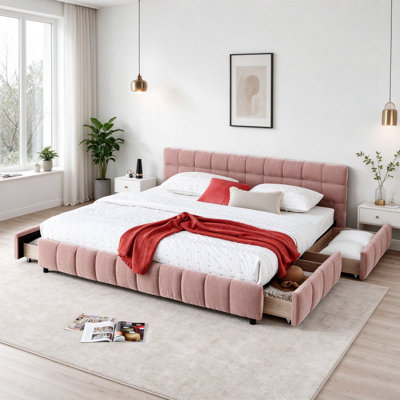 Lit tapissier très grand californien, base de lit rembourrée confortable, tissu chenille, avec tête de lit et base de lit solide. Avec tiroir de rangement - rose (90,5 po x 80,5 po x 31 po)