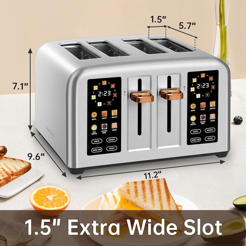 Seedeem Toaster 4 Slice, Stainless Steel, Touch Screen For Dual Control, Digital Timer, Smart Toaster With 6 Bread Type, 7 Shade Setting, 1.5''wide Slot, Removable Crumb Tray, 1800w,metallic