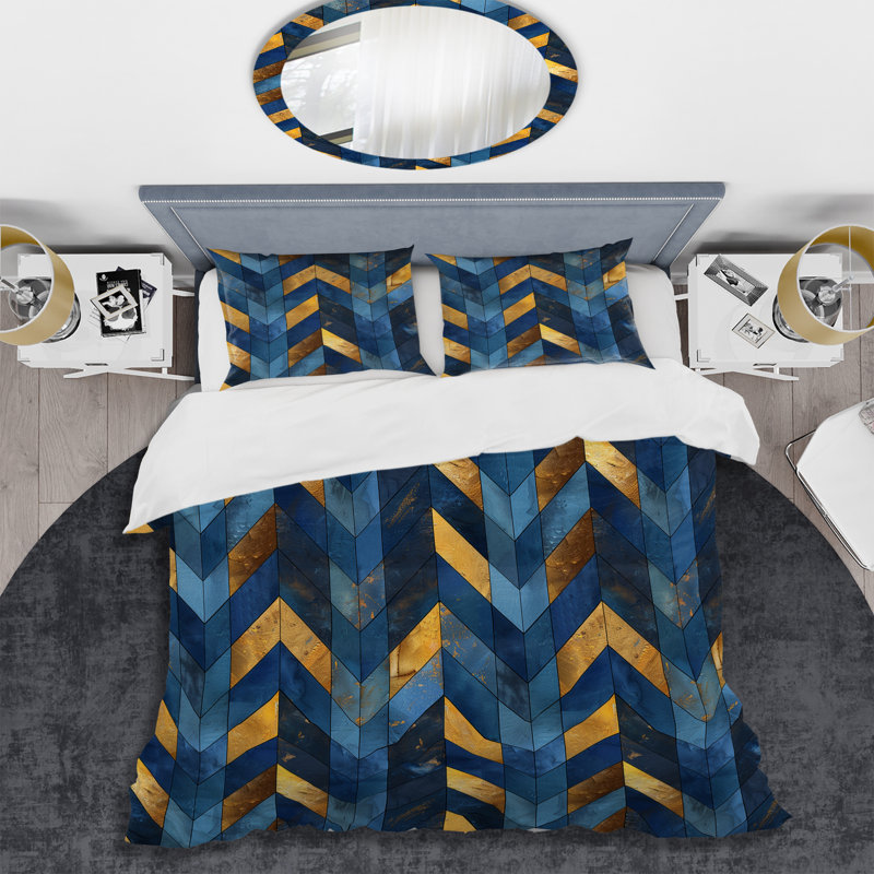 Ensemble de housse de couette moderne à motif de chevrons bleu et bleu II, Housse de couette simple et deux taies décorative