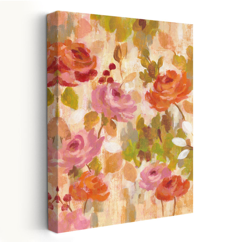 Brocart rose et orange I - fleurs florales brunes vertes, H 24 po x l 16 po