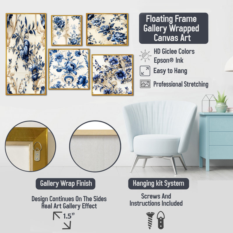 Cobalt Blue Ornamental Frames Victorian Pattern - Floral Canvas Prints Set Of 5, Black Floater Framed