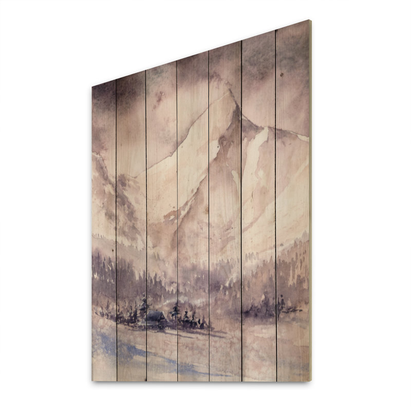 «Mauve Cottage House in Winter Landscape», impression sur bois sans cadre, H 32 po x l 16 po x P 1 po