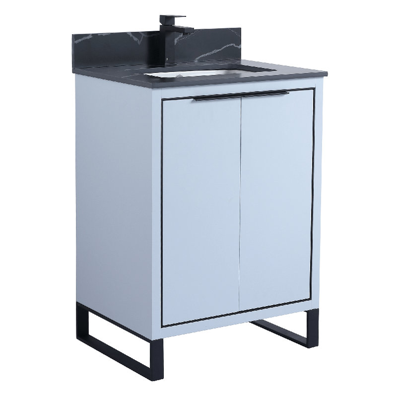 24'' Single Bathroom Vanity with Stone Top, Matte Black, Pastel Blue