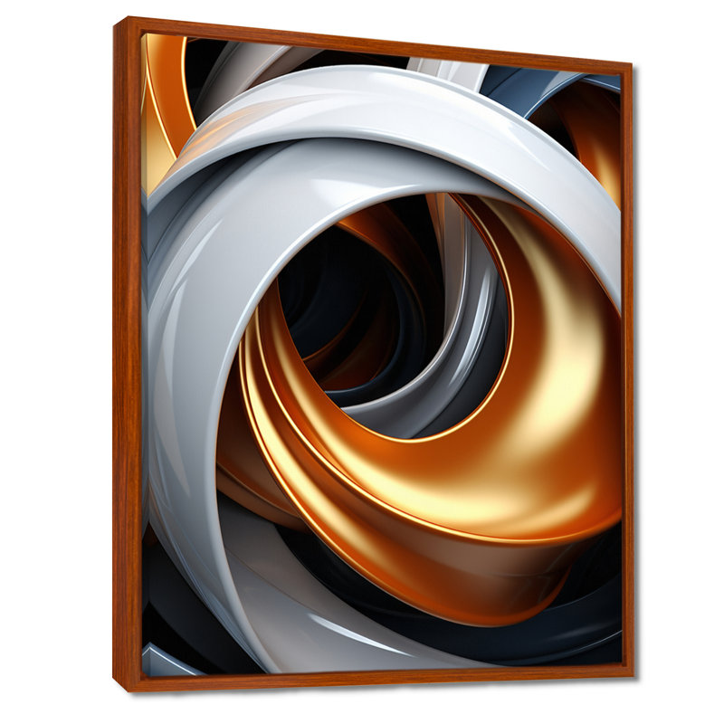Liquide blanc et orange abstrait tourbillon minimal sur toile, 40" H x 30" W, Cadre flottant brun