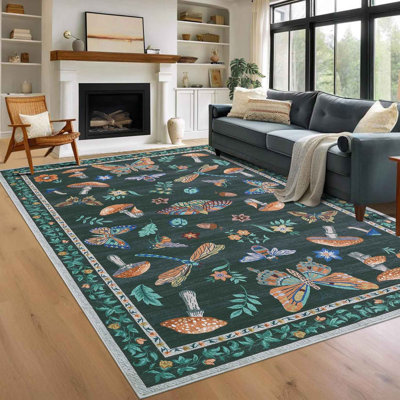 Tapis lavable pour le salon, tapis décoratif à motif floral d'insecte doux antidérapant, tapis d'intérieur pliable résistant aux taches pour la salle à manger, le bureau, la salle de jeux, la chambre de bébé