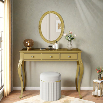 Luxury Makeup Vanity Desk With Oval Mirror, 3 Drawers And Intricate Carvings by Rosdorf Park
