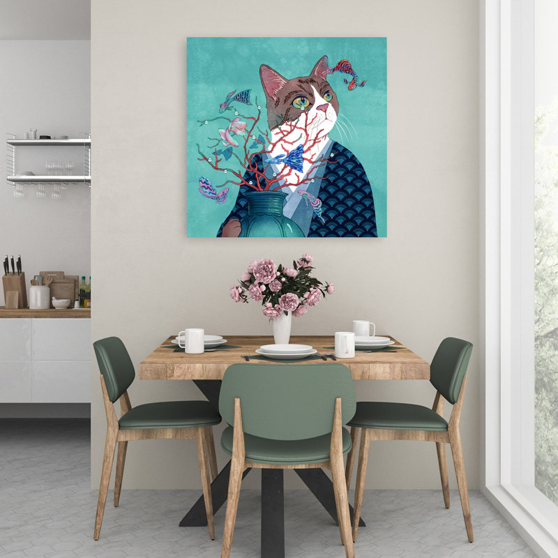 Art mural contemporain, chat kimono et poisson corail, H 36 po x l 36 po