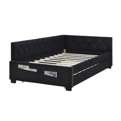 BLACK UPHOLSTERED TWIN SIZE DAYBED BED FRAME (CORNER BED) WITH TRUNDLE, VELVET FABRIC, STUDDING DESIGN, NO BOX SPRING REQUIRED, FITS ANY STYLE! by House of Hampton