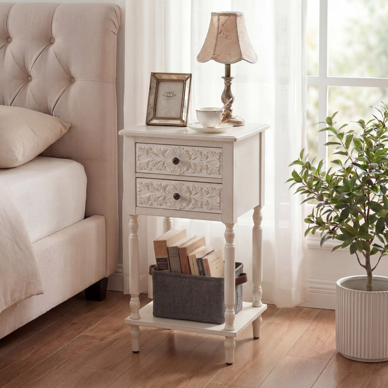 Table de chevet blanche sculptée de 45,7 cm (18 po) de large avec 2 tiroirs et une tablette ouverte, Blanc, 2