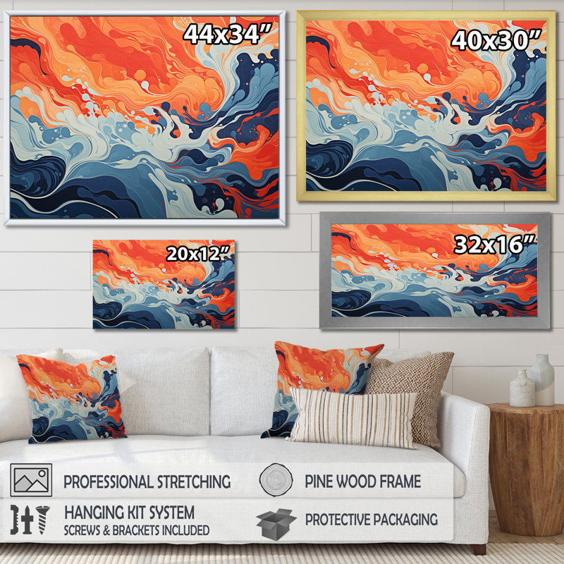 Encre liquide bleue et orange «Waves I» - art mural abstrait à encre liquide, Cadre d'angle fermé noir