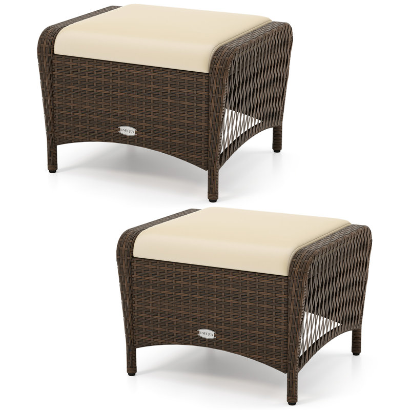 Ensemble de 2 repose-pieds d'extérieur en osier avec coussins amovibles beige, Beige